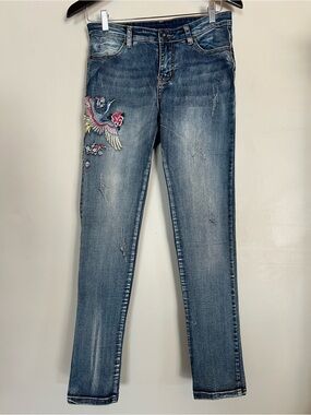 Size M Embroidered Phoenix Jeans Y2K Low Rise Skinny Blue Denim